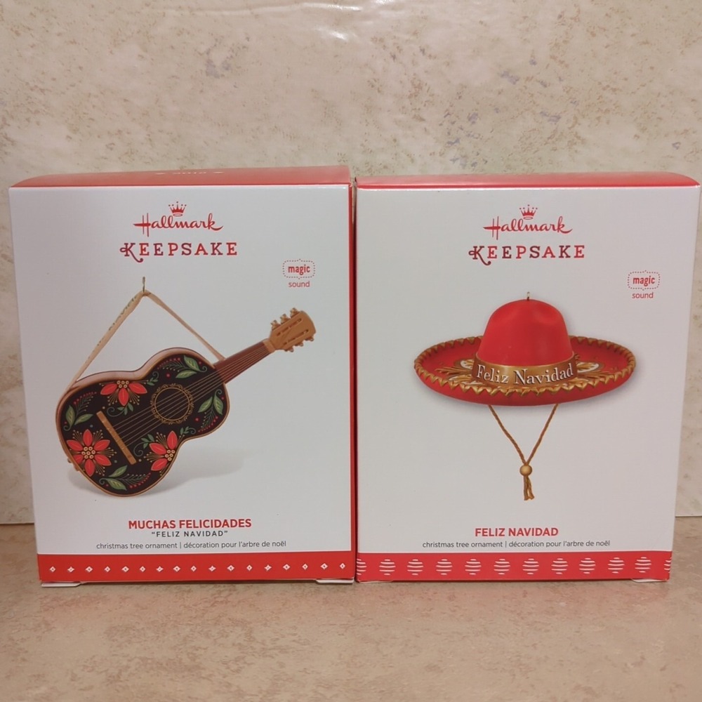 Lot Of 2 Hallmark Keepsake Christmas Ornaments Feliz Navidad Muchas Felicidades